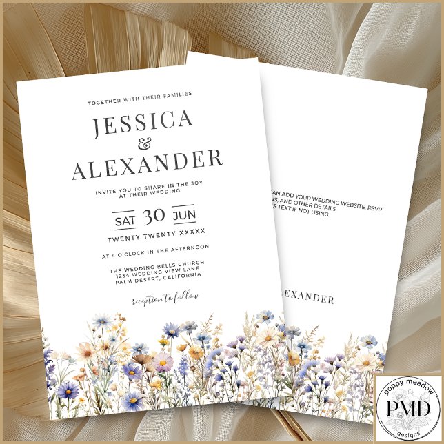 Elegant Dusty Blue Wildflowers White Wedding Invitation (Elegant Dusty Blue Wildflowers Wedding Invitation with Couple's Names and Optional Text on Back.)