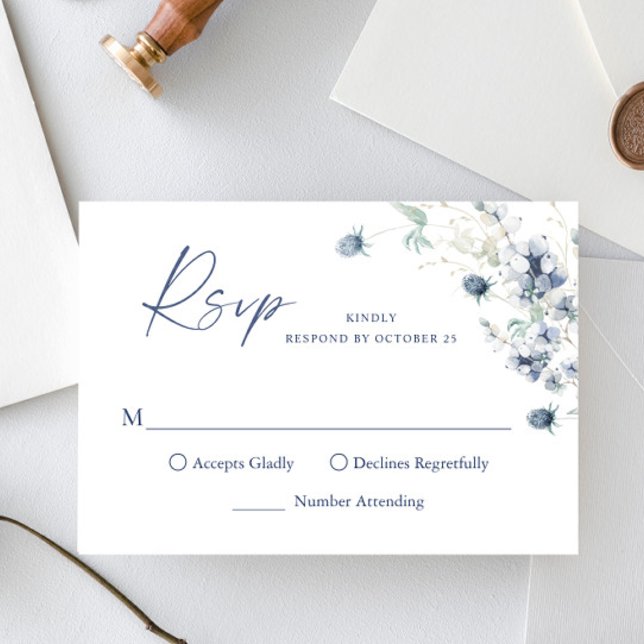Elegant Dusty Blue Winter Boho Foliage Wedding RSVP Card (Creator Uploaded)