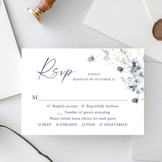 Elegant Dusty Blue Winter Boho Foliage Wedding RSVP Card (Creator Uploaded)