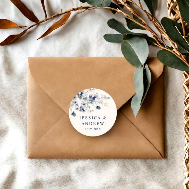 Elegant Dusty Blue Winter Foliage Boho Wedding Classic Round Sticker (Creator Uploaded)