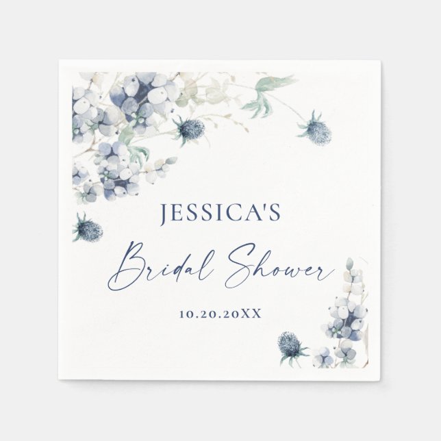 Elegant Dusty Blue Winter Foliage Bridal Shower Napkin (Front)