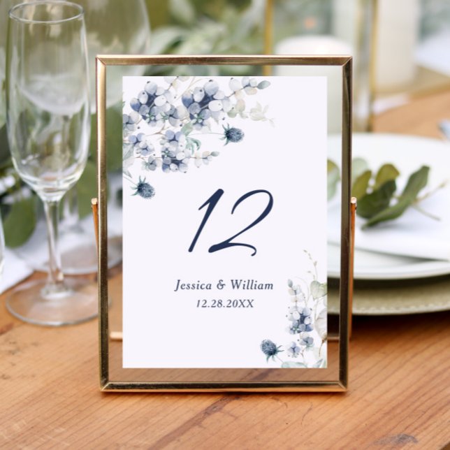 Elegant Dusty Blue Winter Foliage Wedding Table Number (Creator Uploaded)