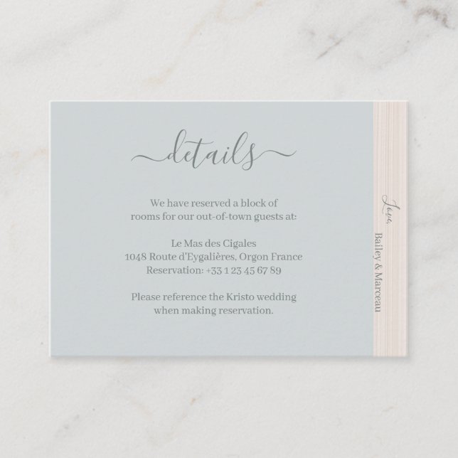 Elegant Dusty Blue Wood Grain Wedding Hotel Detail Enclosure Card (Front)