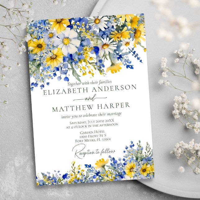 Elegant Dusty Blue Yellow Wildflowers Boho Wedding Invitation (Creator Uploaded)