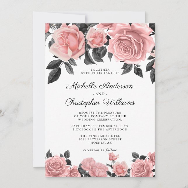 Elegant Dusty Blush Pink Floral Wedding Invitation (Front)