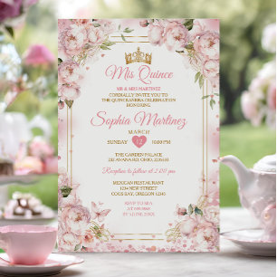 Elegant Dusty Blush Pink Flowers Gold Mis Quince Invitation