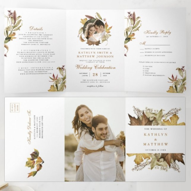 Elegant Dusty Brown Autumn Foliage Fall Wedding Tri-Fold Invitation (Creator Uploaded)