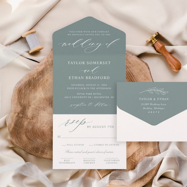 Elegant Dusty Eucalyptus Script Wedding All In One Invitation (Creator Uploaded)