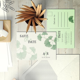 Elegant Dusty Green Ginkgo Floral Save the Date Invitation Postcard
