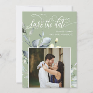 Elegant Dusty Green Leaves QR Code Photo Wedding Save The Date