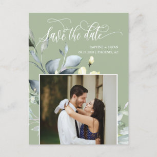 Elegant Dusty Green Leaves QR Code Save the Date Announcement Postcard