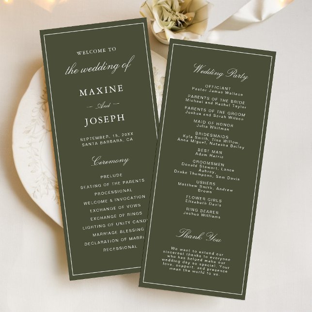 Elegant Dusty Green Script Classic Wedding Programme (Elegant dusty green wedding programs keep guests informed with timeless style and grace.)