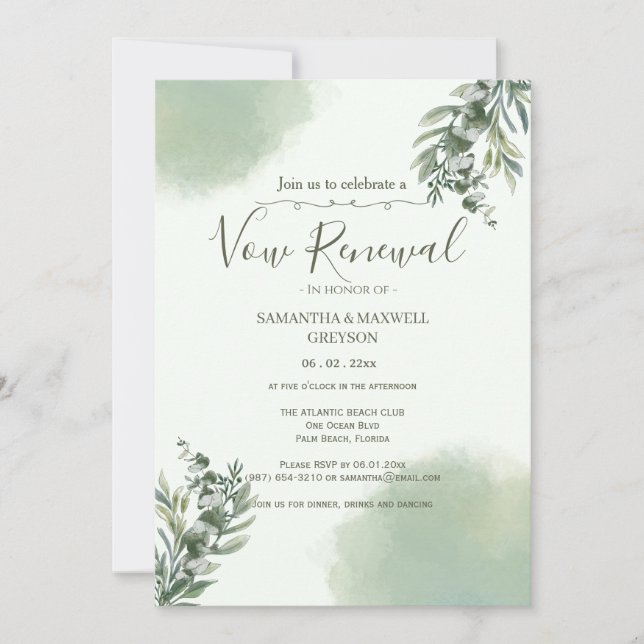 Elegant Dusty Green Script Vow Renewal Invitation (Front)