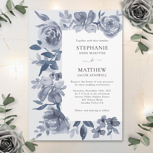Elegant Dusty Grey Watercolor Floral Wedding Invitation (Creator Uploaded)