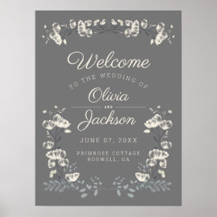 Elegant dusty grey & white floral wedding welcome poster
