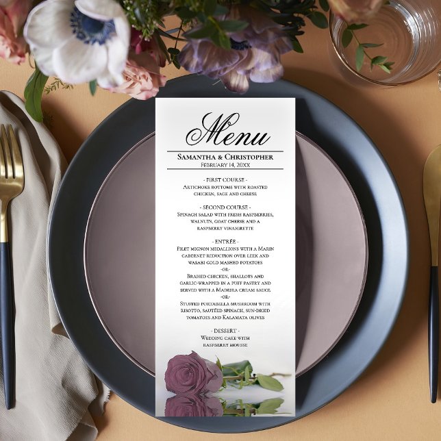 Elegant Dusty Mauve Pink Rose Reflections Wedding Menu (In Situ on Plate)