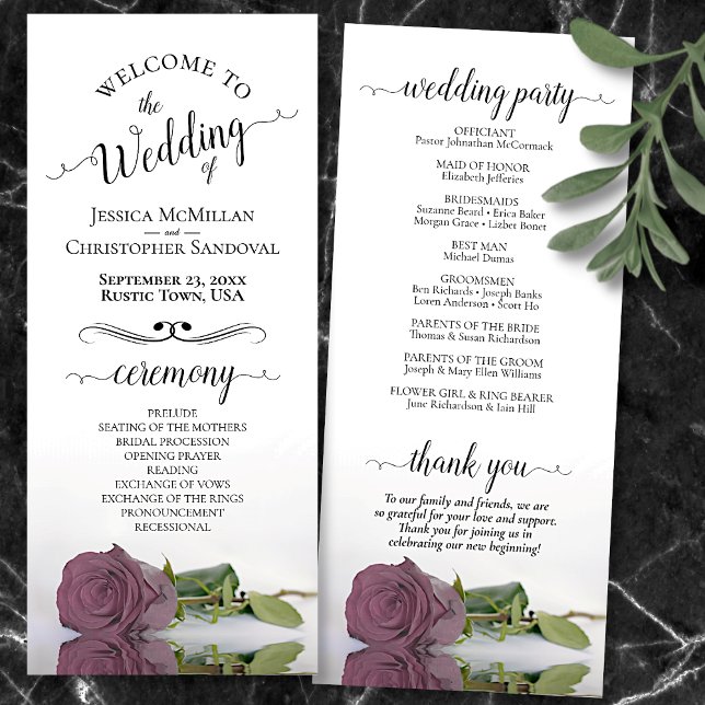 Elegant Dusty Mauve Pink Rose Romantic Wedding Programme (Front and Back)