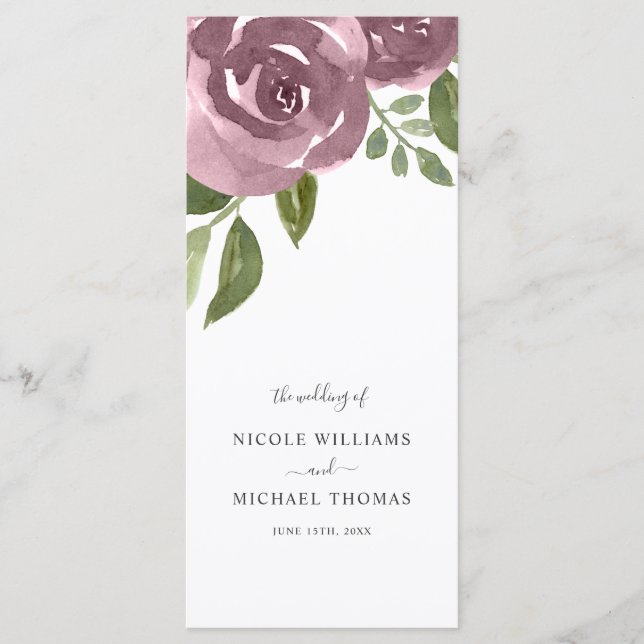 Elegant Dusty Mauve Watercolor Floral Wedding Programme (Front)