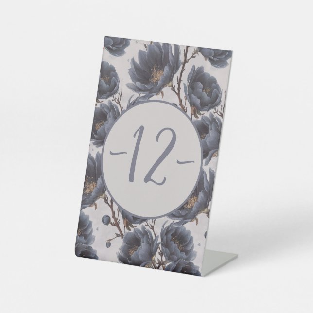 Elegant dusty navy blue flower table number pedestal sign (Front)