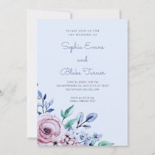 Elegant Dusty Pink and Blue Floral Blue Wedding Invitation