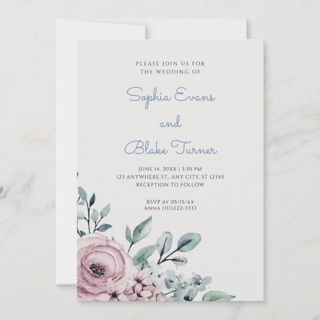 Elegant Dusty Pink and Blue Floral Green Wedding Invitation (Front)