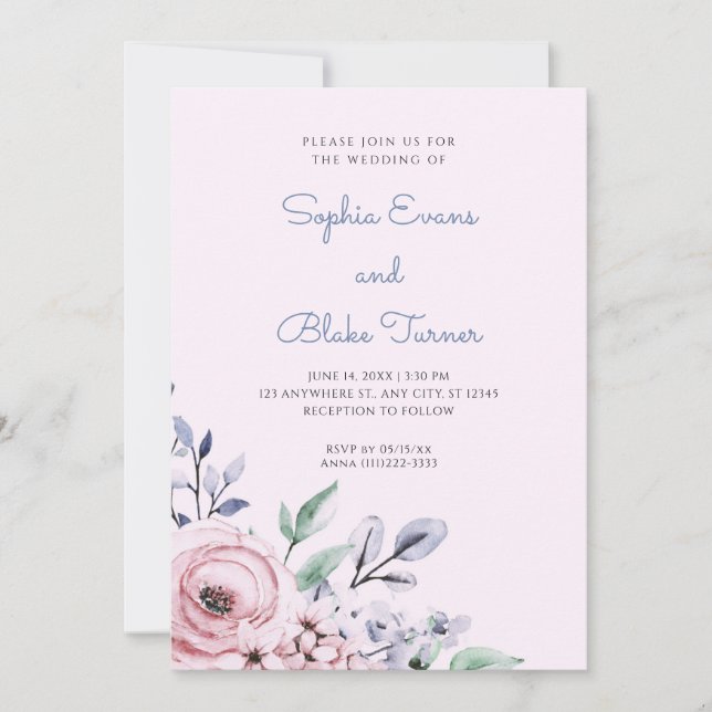 Elegant Dusty Pink and Blue Floral Pink Wedding Invitation (Front)