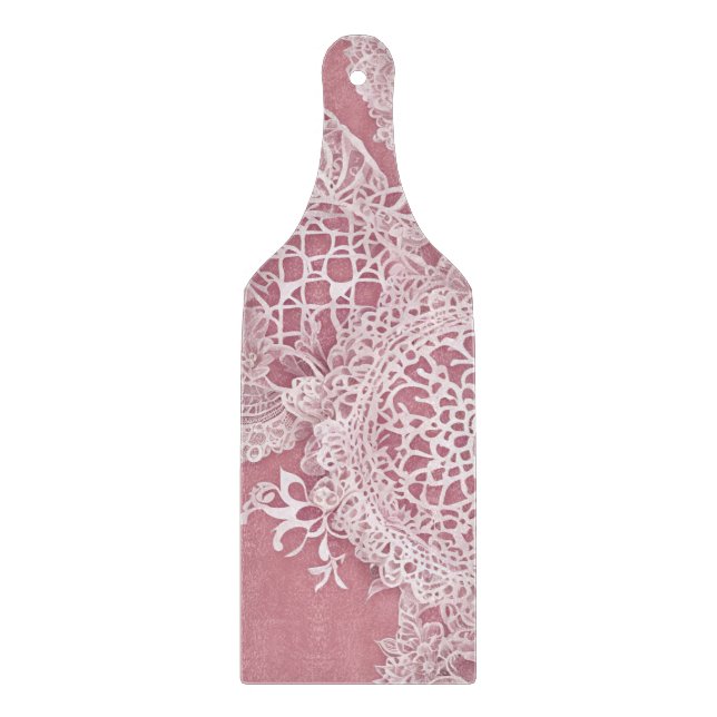 Elegant Dusty Pink and White Vintage Lace Pattern Cutting Board (Front)