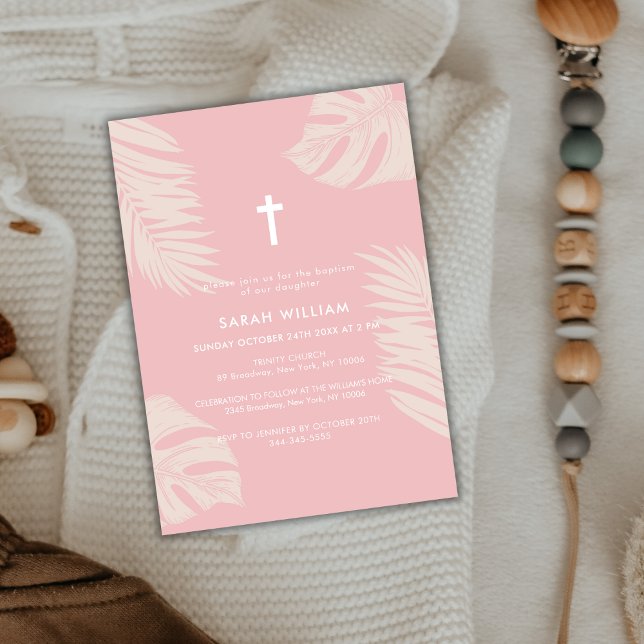 Elegant Dusty Pink Boho Leaves Cross Baptism  Invitation (Elegant Dusty Pink Boho Leave Gold Cross Baptism Invitation)
