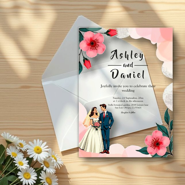 Elegant Dusty Pink Bride And Groom Floral Wedding Acrylic Invitations (Creator Uploaded)