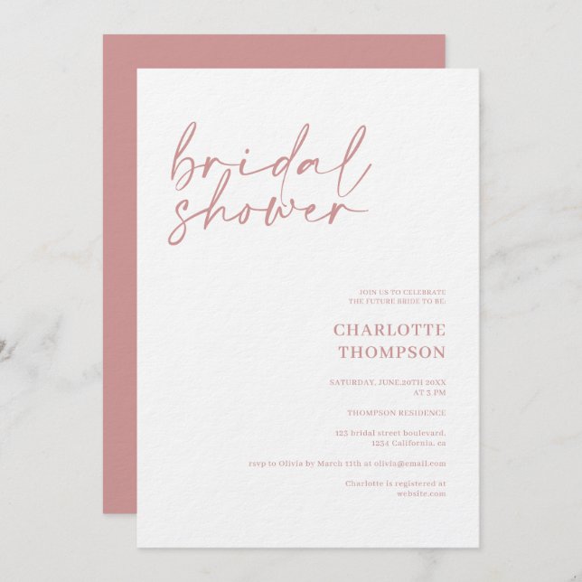 Elegant dusty pink casual script bridal shower invitation (Front/Back)