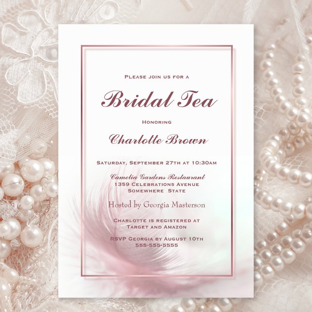Elegant Dusty Pink Feather Bridal Tea Invitation (Creator Uploaded)