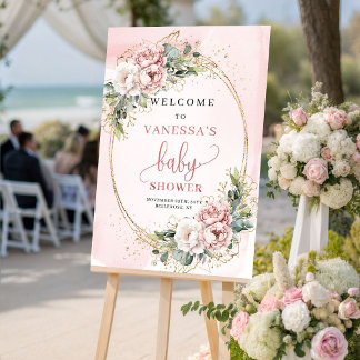 Elegant Dusty Pink Floral Baby Shower Welcome Sign