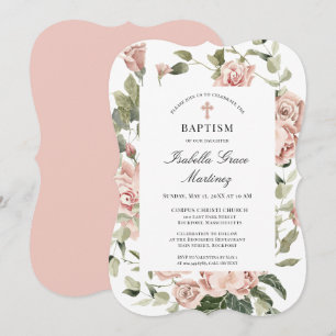 Elegant Dusty Pink Floral Cross Baptism Invitation