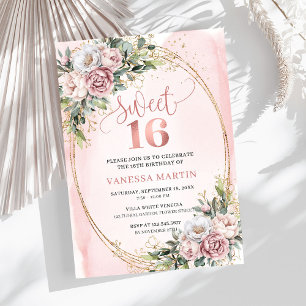 Elegant Dusty Pink Floral Greenery Sweet Sixteen  Invitation