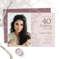 Elegant Dusty Pink Floral Photo 40th Birthday