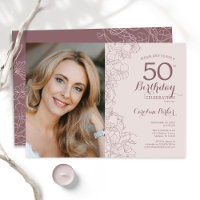 Elegant Dusty Pink Floral Photo 50th Birthday