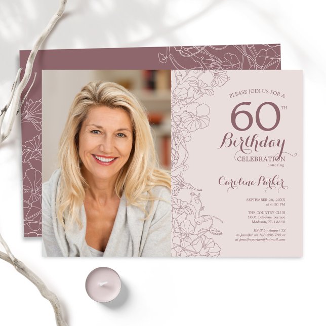 Elegant Dusty Pink Floral Photo 60th Birthday Invitation (Creator Uploaded)