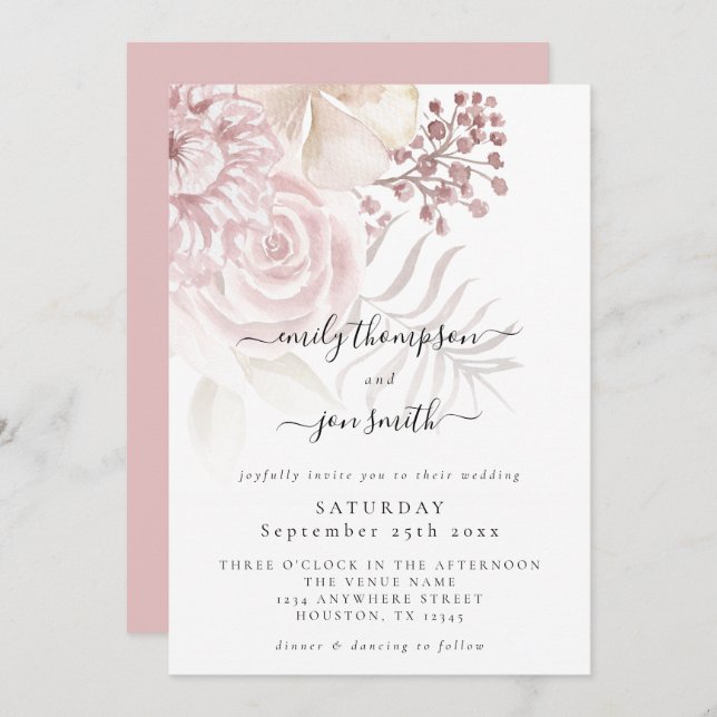 Elegant Dusty Pink Florals Script Wedding Invitation (Front/Back)