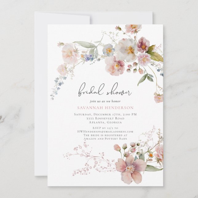 Elegant Dusty Pink Garden Floral Bridal Shower Invitation (Front)