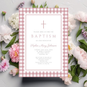 Elegant Dusty Pink Gingham Girl Baptism Invitation