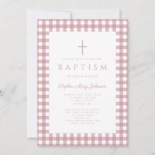 Elegant Dusty Pink Gingham Girl Baptism Invitation