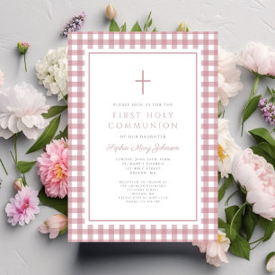 Elegant Dusty Pink Gingham Girl First Communion Invitation