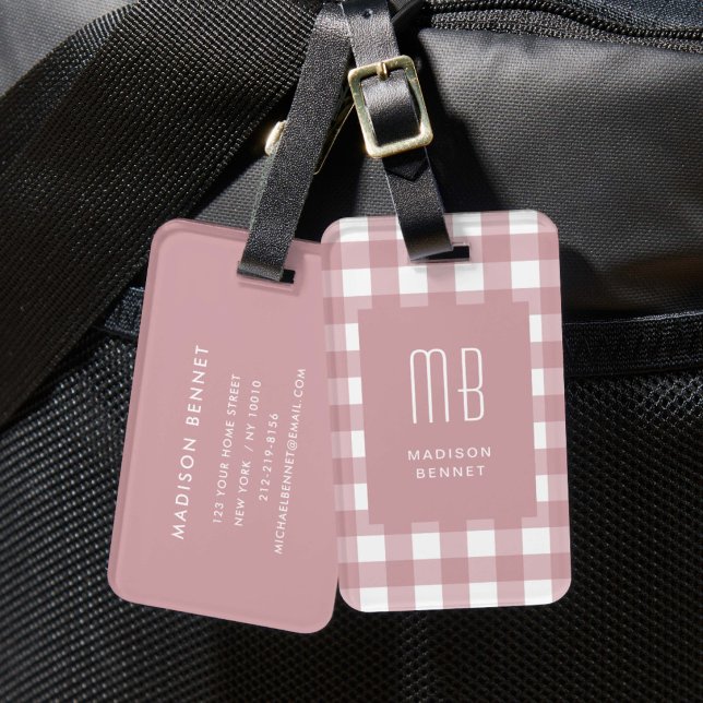 Elegant Dusty Pink Gingham Monogram Luggage Tag (Elegant Dusty Pink Gingham Monogram Luggage Tag
)