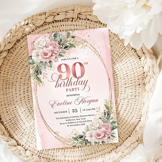 Elegant Dusty Pink Gold Greenery 90th Birthday  Invitation (Elegant Dusty Pink Gold Greenery 90th Birthday Invitation

)