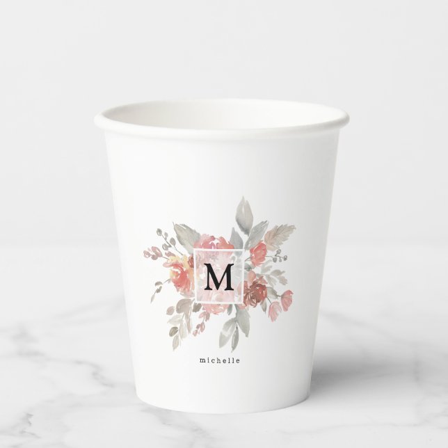 Elegant Dusty Pink Gray Flower Monogram Paper Cups (Front)