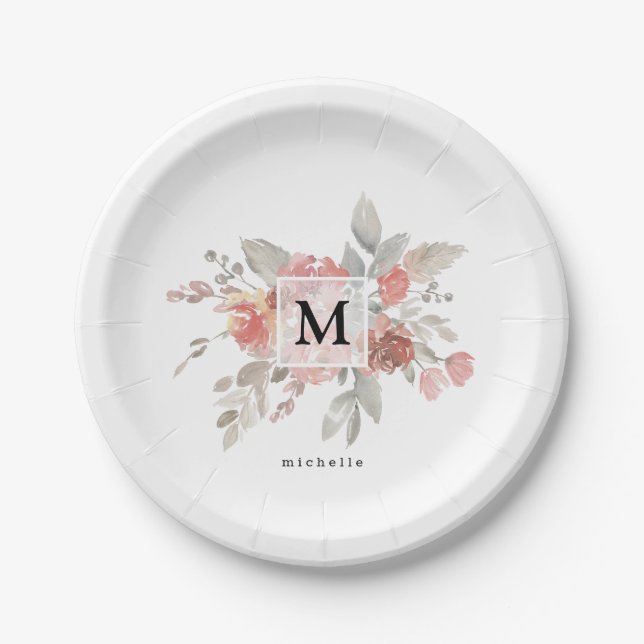 Elegant Dusty Pink Gray Flower Monogram Paper Plate (Front)