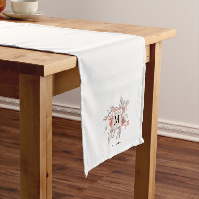 Elegant Dusty Pink Gray Flower Monogram Short Table Runner (In Situ)