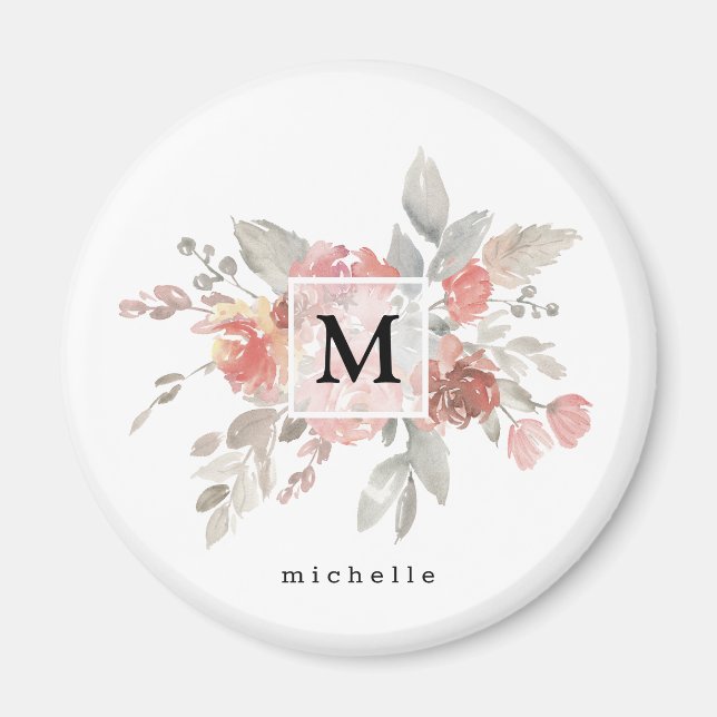 Elegant Dusty Pink Grey Flower Monogram Magnet (Front)