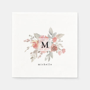 Elegant Dusty Pink Grey Flower Monogram Napkin