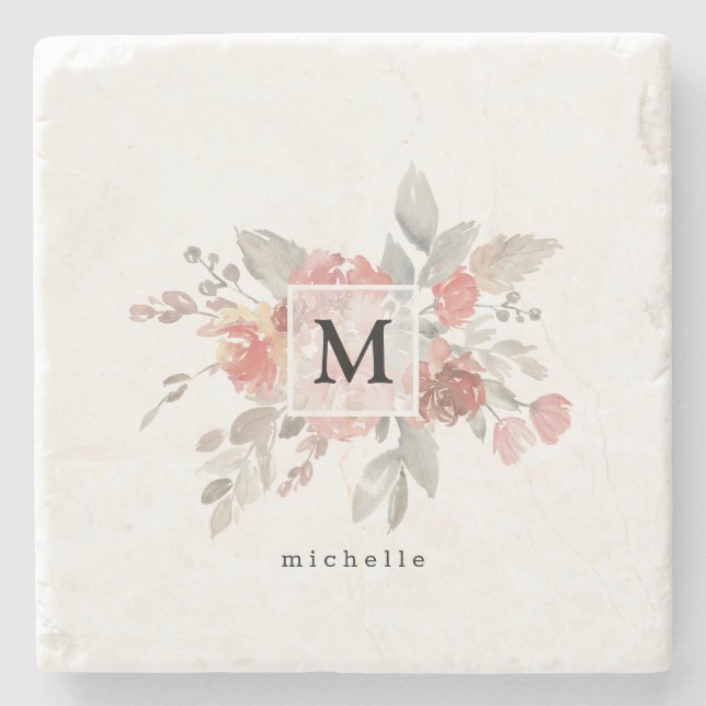 Elegant Dusty Pink Grey Flower Monogram Stone Coaster (Front)